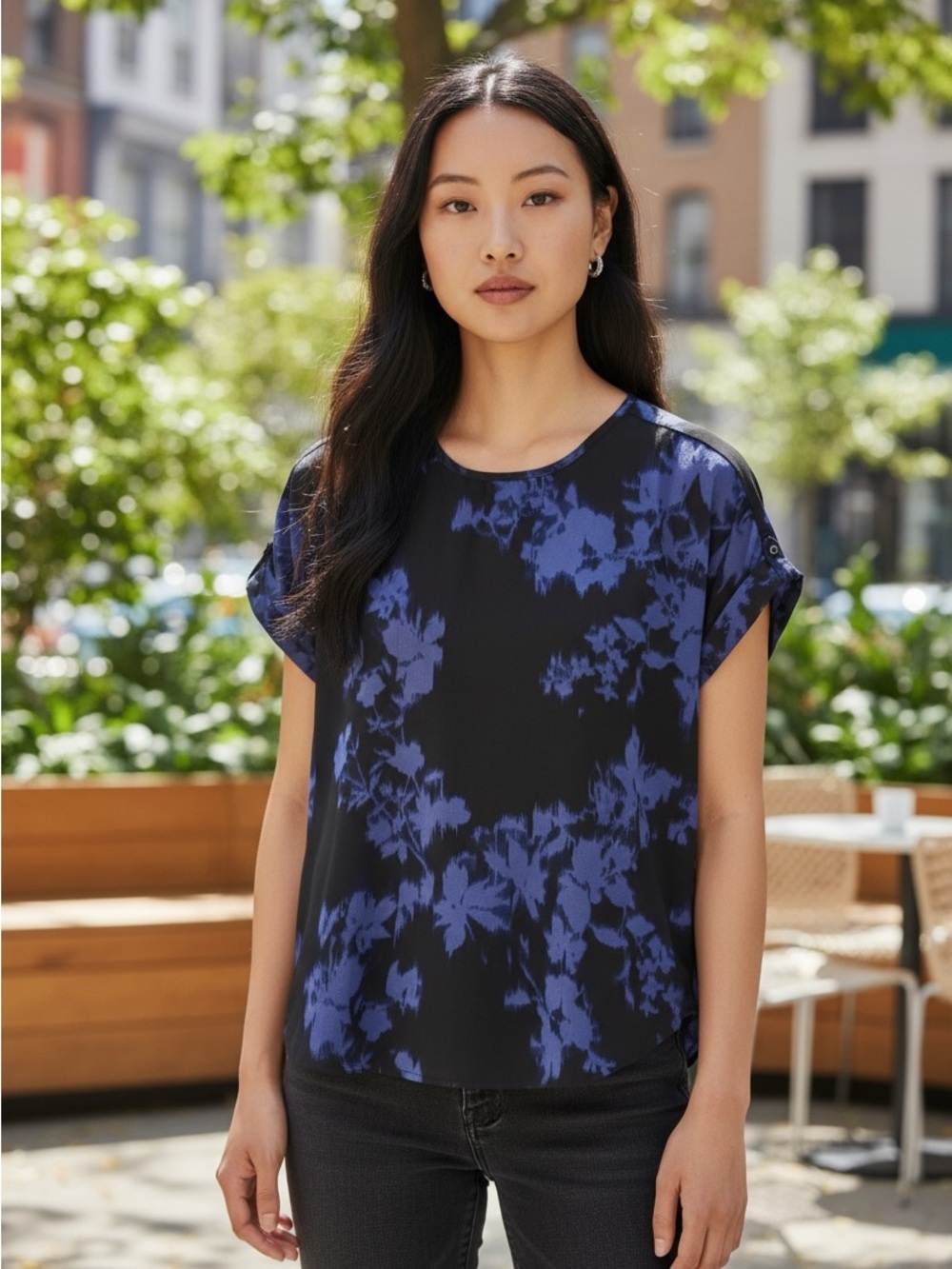 Maurices Black and Blue Floral Short-Sleeve Blouse